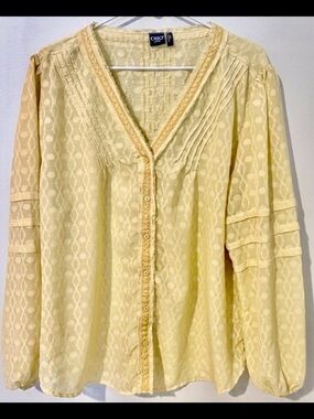 Cruel Denim Boho Yellow Peasant Blouse XXL Cottagecore V Neck Button Tunic Top